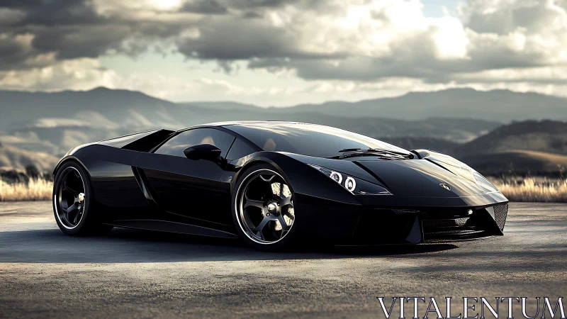 Black sports coupe on open road with distant hills backdrop.