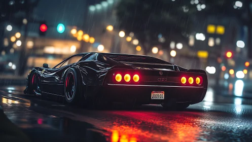 Low angle view shows black sports car on wet city street at night