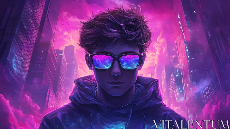 Neon city dreamer gazes through glowing cosmic glasses