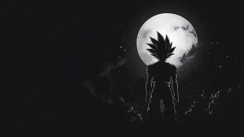 Silhouetted spiky haired figure standing before full moon.