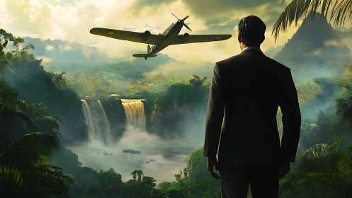 Misty jungle waterfalls welcome a lone man and low plane