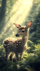 Young fawn standing in soft forest light with dust motes.