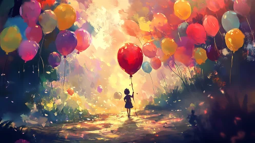 Silhouette of child holding balloons in luminous forest path.