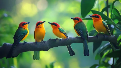 Five Colorful Birds Perched on Branch in Lush Nature, Vibrant Style.