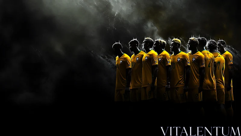 Football team lineup emerges from dark smoky background