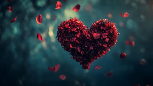 Heart Crafted from Crimson Petals Floating in Dreamy Mist