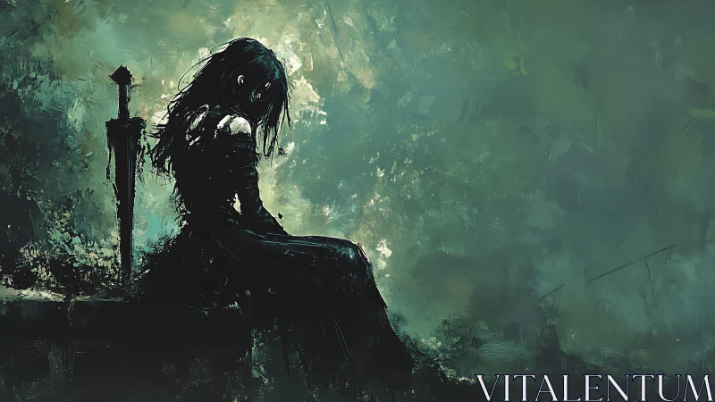 Solitary robed figure seated beside upright sword silhouette.