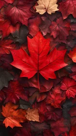 Crimson maple leaf centerpiece over layered autumn foliage.