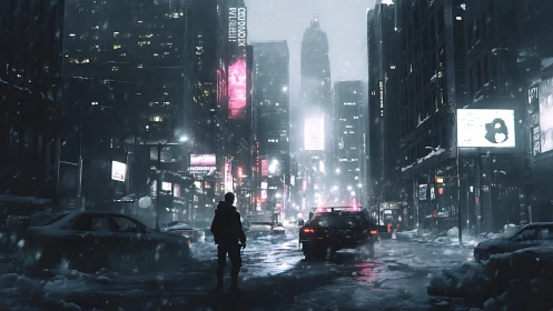 Lone drifter in neon snowfall crossing a drowned city street.