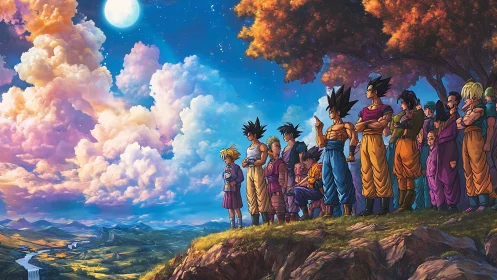 Anime heroes observe luminous sky over pastoral valley
