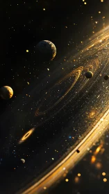 Golden cosmic rings swirl through a glowing deep space vista