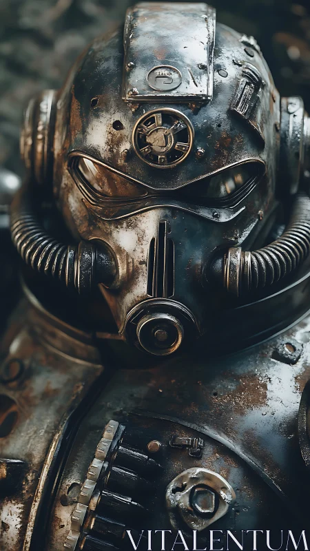 Rust-scarred power armor studies battle in mute reflection