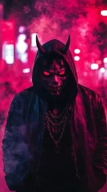 Neon demon figure in hooded jacket under saturated vapor haze.