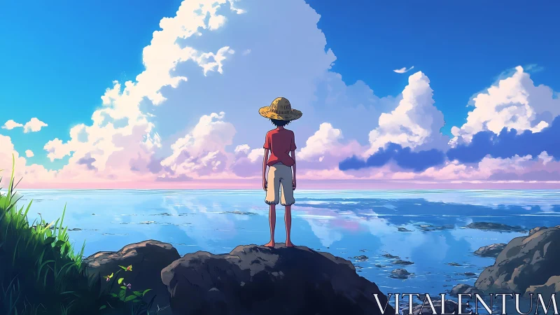 Boy in straw hat stands on coastal rocks facing distant sea