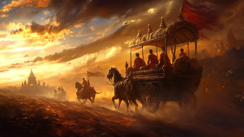 Sunset chariot procession racing toward a myth-lit temple.