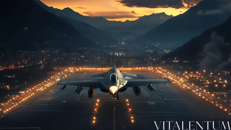 Jet fighter descends over glowing runway at dusk.