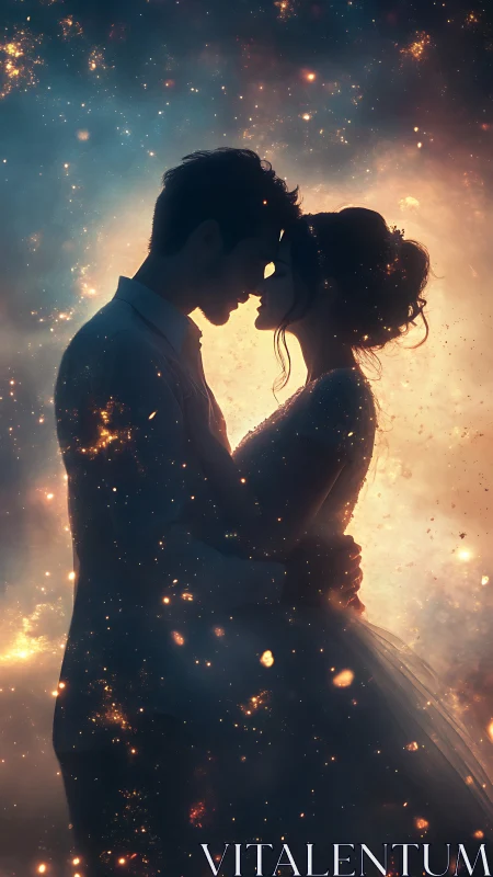 Silhouetted Couple Embracing in Glowing Starlight.