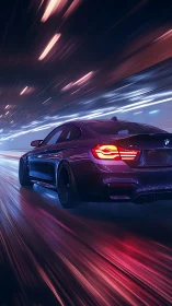 High-performance coupe accelerates through neon-lit tunnel