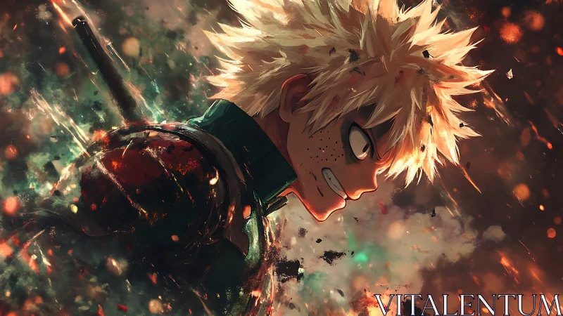 Spiky haired anime fighter in profile amid glowing debris.