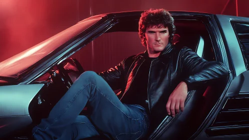 Retro driver in leather jacket inside gullwing sports coupe