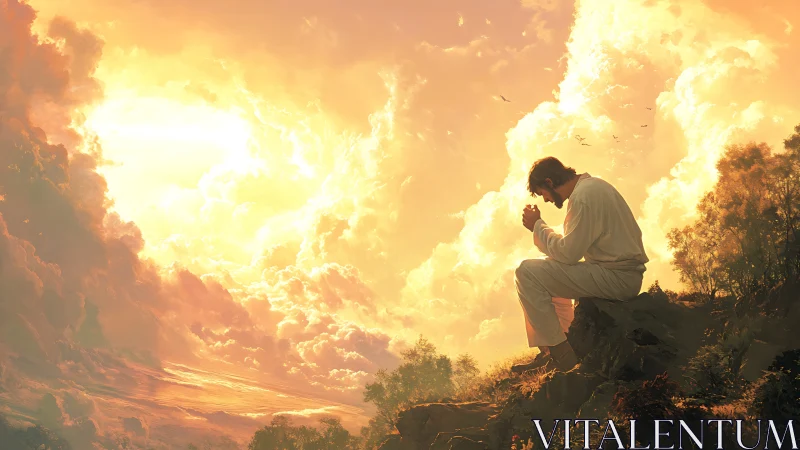 Sunlit hillside prayer in a sky of glowing clouds.