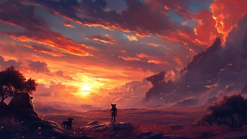 Sunset over savanna plain with lion silhouettes and cliffs.