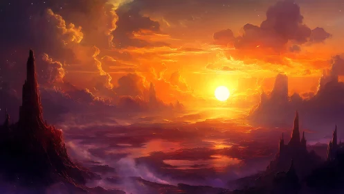 Sunlit alien landscape shows glowing clouds and spires