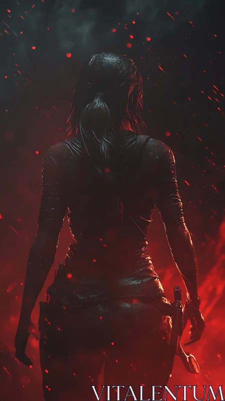 Armed female silhouette stands against burning red embers.