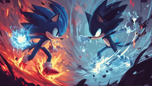 Blue speed duelist splits fire and ice in charged standoff.