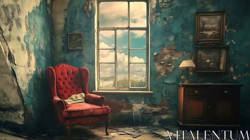 Interior shows worn teal wall, red chair and window view
