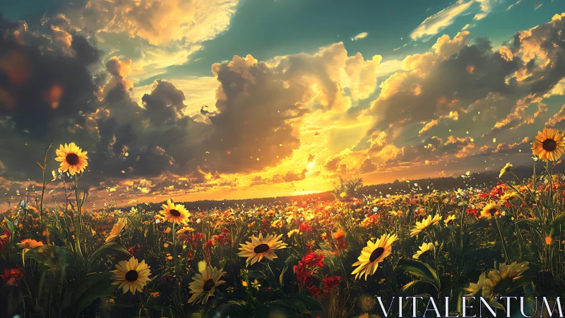 Sunflower daydreams blaze beneath a stormlit sunset sky.