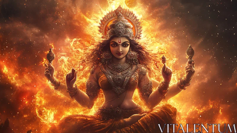 Fire-clad goddess radiates power within blazing cosmic aura.