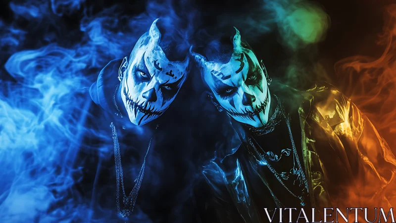 Two masked figures in colored smoke with split lighting.