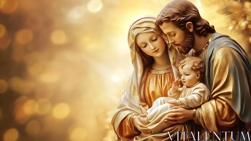 Holy family icon with golden light and tender embrace.