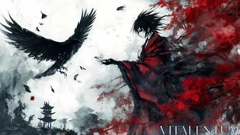 Mystical crow and crimson wanderer in a drifting twilight.