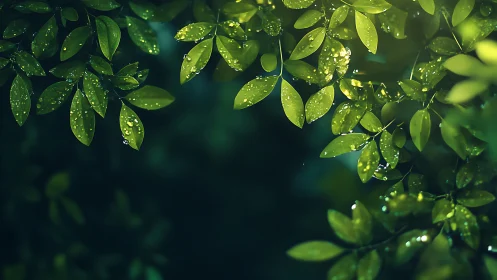 Wet green leaves are illuminated by soft directional light