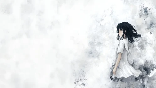 Solitary anime girl in white dress against abstract cloudfield