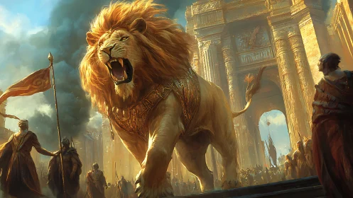 Regal war lion roars before monumental sunlit gates.