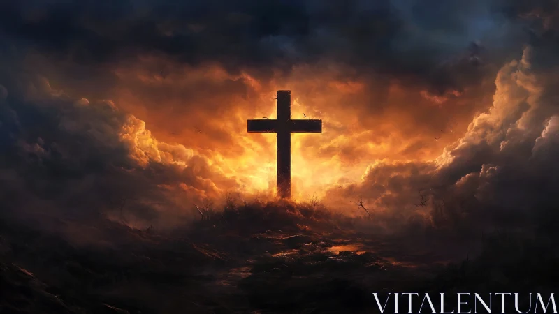 Luminous crucifix silhouettes against apocalyptic storm clouds