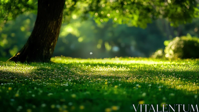 Photorealistic sunlit meadow under broad deciduous canopy.