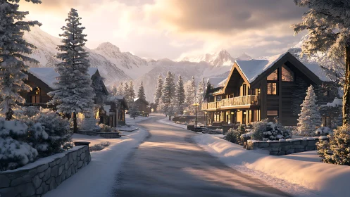 Golden dawn tiptoes through a quiet alpine chalet village