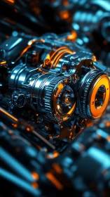 Detailed metallic gear assembly with blue and orange lighting.