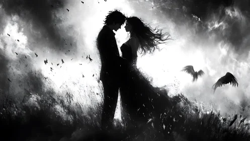 Silhouetted Couple Embracing in Stormy Atmosphere.