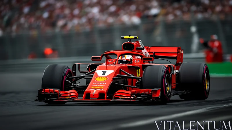 Red Formula 1 race car on circuit during high speed run.