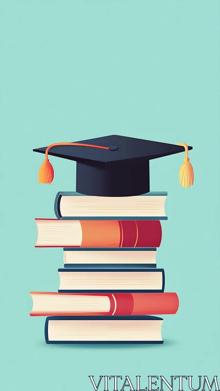 Graduation cap atop stacked books on teal minimalist field.