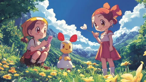 Children and mascot explore sunlit alpine flower meadow.