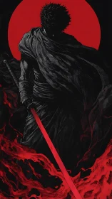 Dark swordsman silhouette with red blade and rising moon.