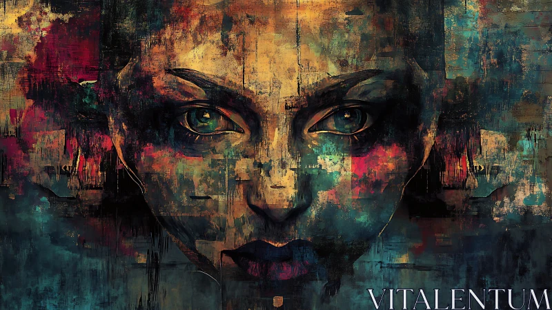 Abstract female portrait in fragmented digital textures.