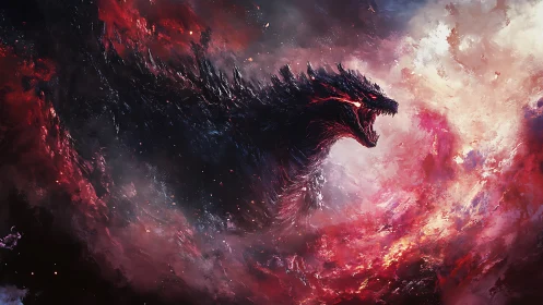 Cosmic inferno leviathan roaring through crimson nebulae.