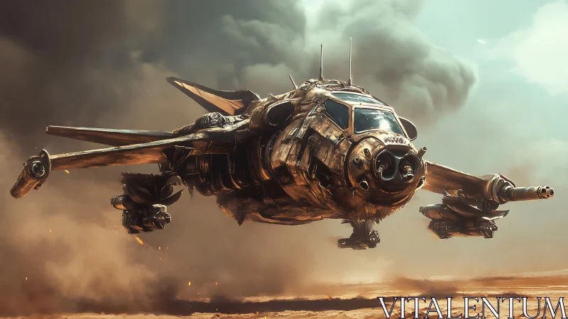 Battle-scarred gunship hovering in desert warzone haze.